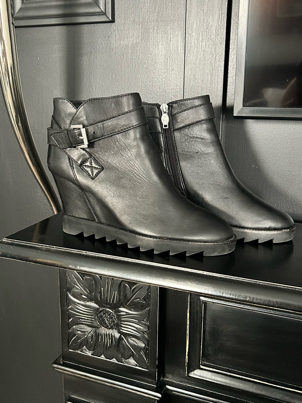 ASH  Black Wedge Ankle Boots with Silver Buckle